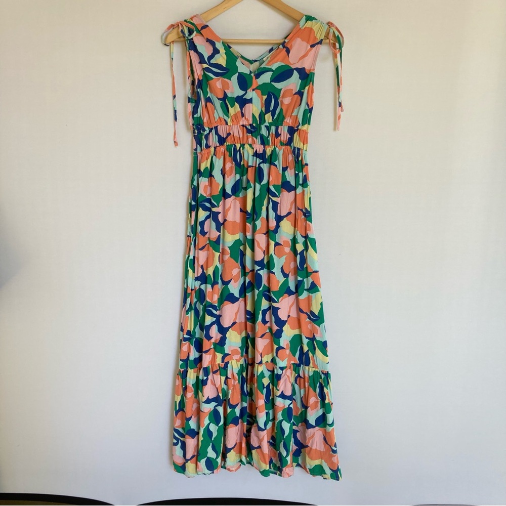 Jessica Simpson Maxi Dress Medium Colorful Floral V-Neck, Shoulder Tie Tiered